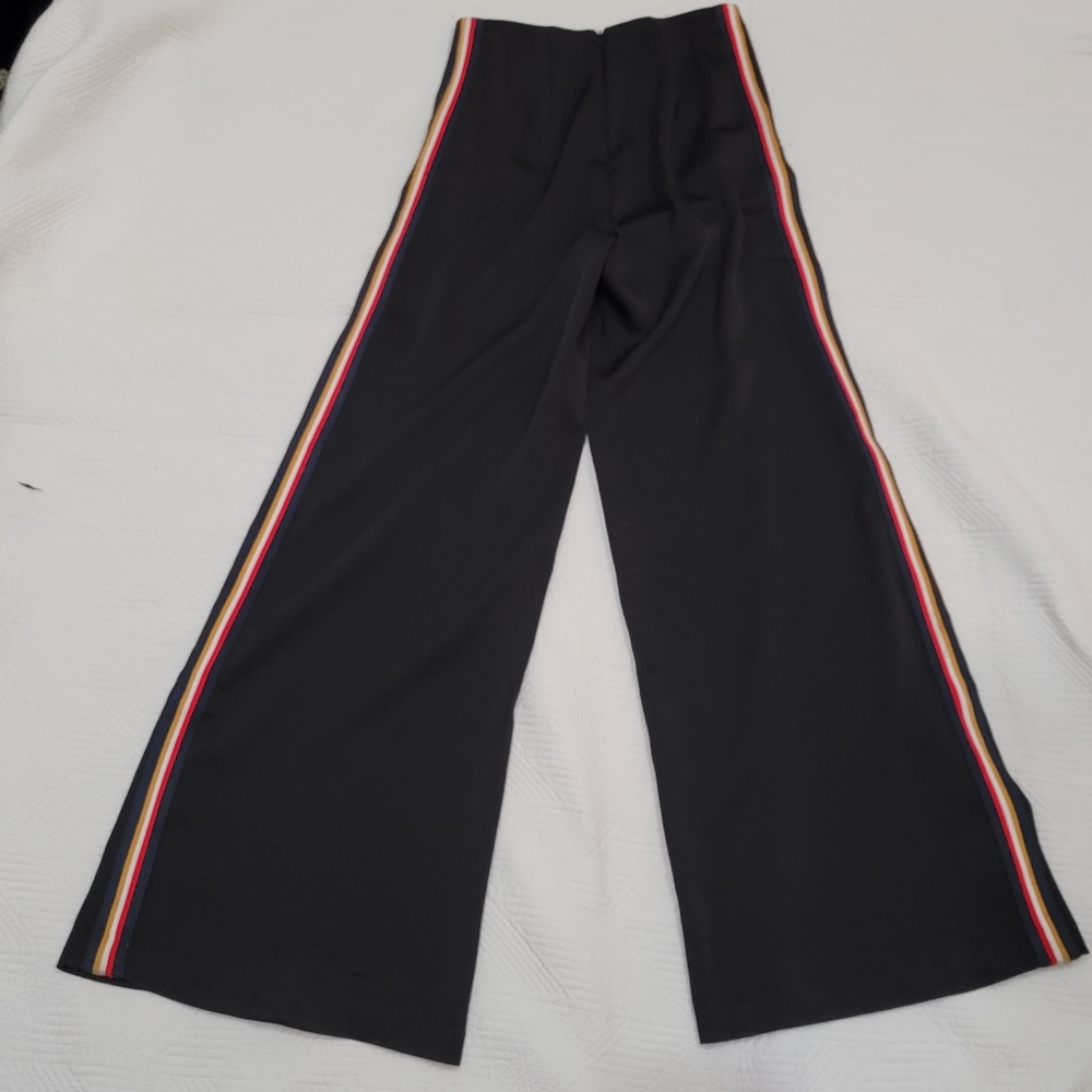 Line & Dot Black Wide Leg Pants with Red and Yellow Stripes